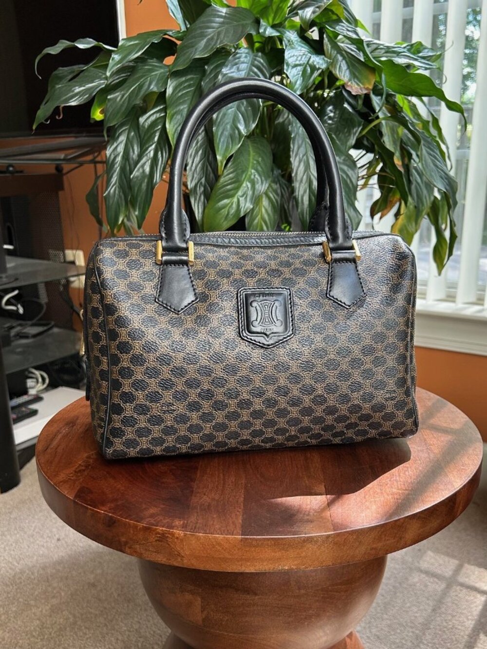 CELINE Macadam Canvas Calfskin Boston Bag, Black
